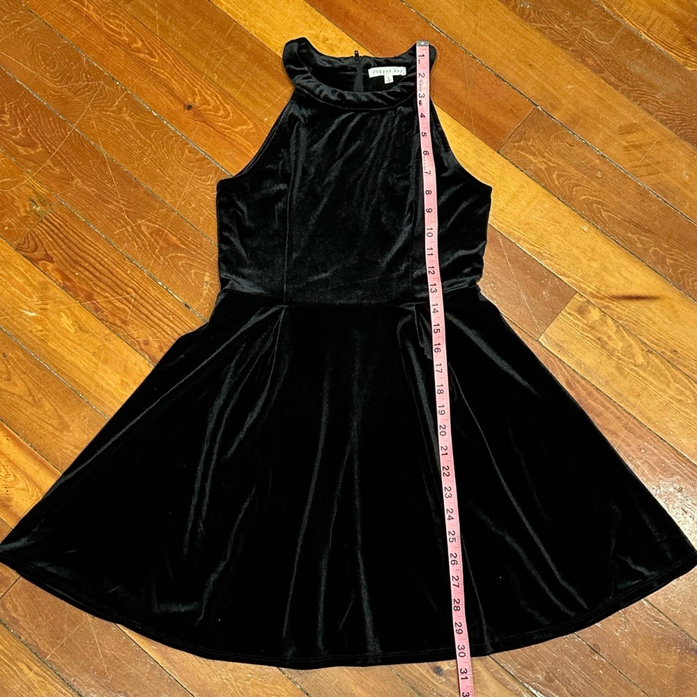 Black Velvet Halter fit and flare twirl skirt Dress by Copper Key with stretch - Picture 7 of 9